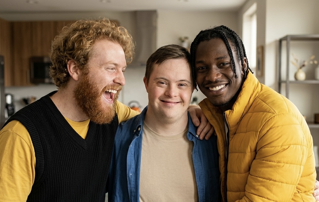 Three team members laughing together