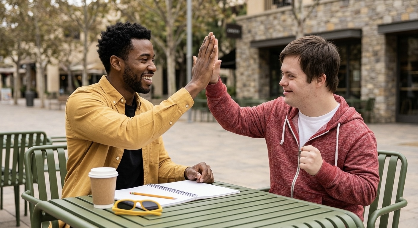 A support professional and a young man sharing a high five over paperwork