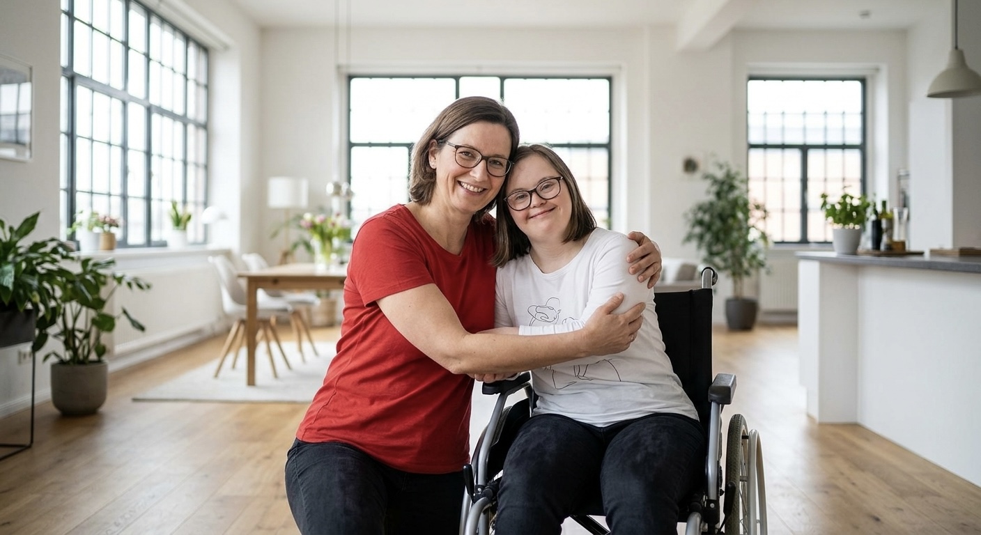 A caregiver embracing a smiling woman in her wheelchair at home