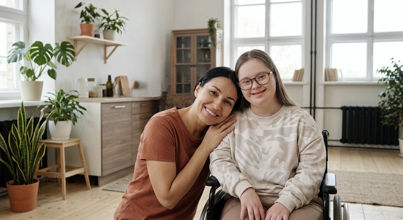 Two women smiling together in a bright kitchen