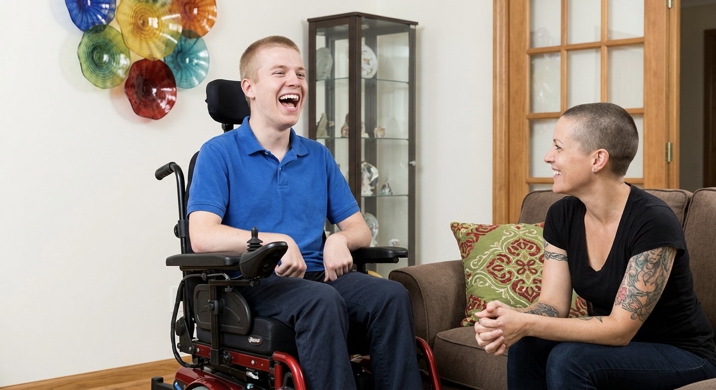 A young man laughing at home in his wheelchair