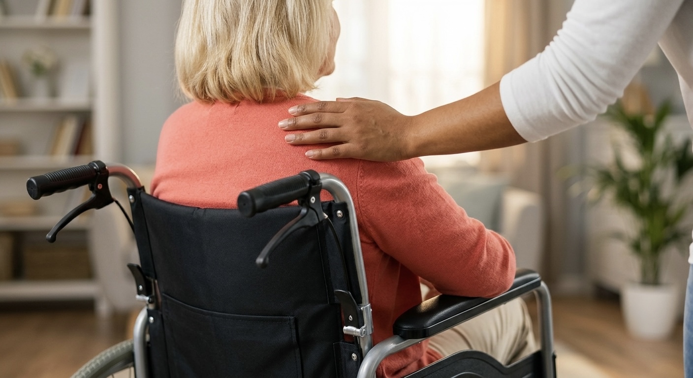 A reassuring hand on the shoulder of a woman in a wheelchair