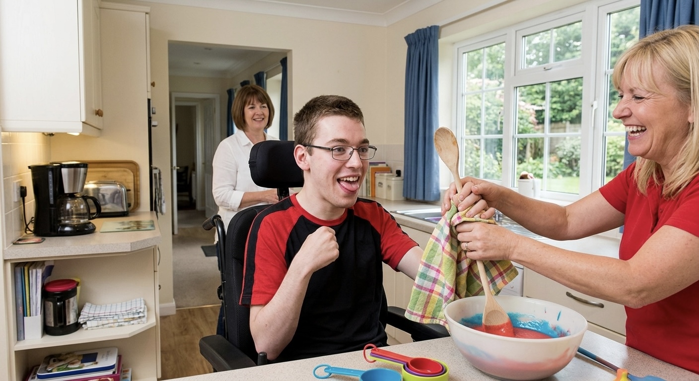 A young man cooking with his caregivers, everyone laughing